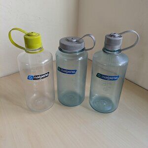 Set of three (3) 32oz Nalgene water bottles — two Narrow Mouth and one Wide Mout